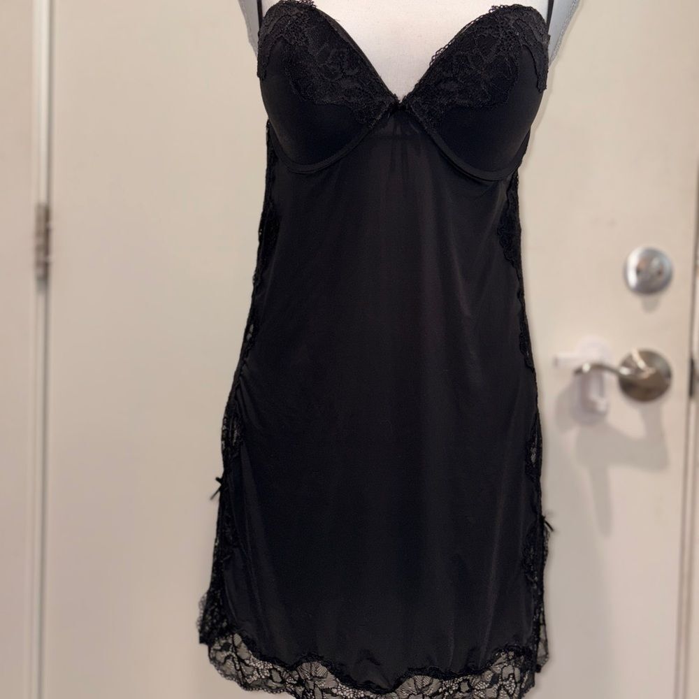 Vintage Victoria's Secret Black Lace Trim Chemise 34D